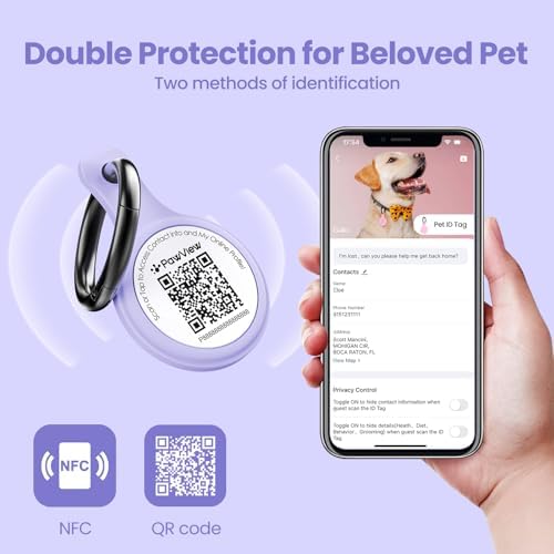 Dog ID Tag with QR Code & NFC, Silent Silicone Dog Name Tags Personalized for Pets- Scan QR for Instant Location Alert, Emergency Contact and Modifiable Pet Profile (Purple)