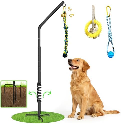 Tether Outdoor Dog Rope Toy with Adjustable Height Spring Pole, 3 Kinds Dog Tug of War Toys for Self Play and Interactive in Park, Yard, Lawn Rope, Suitable for Energetic Dog(45.5″)