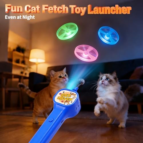 BABORUI Cat Toy Disc Launcher, Rechargeable Interactive Cat Fetch Toy Launcher with 8 Flying Discs, Flying Enrichment Toys for Indoor Bored Kittens & Adult Cats (Blue-1)