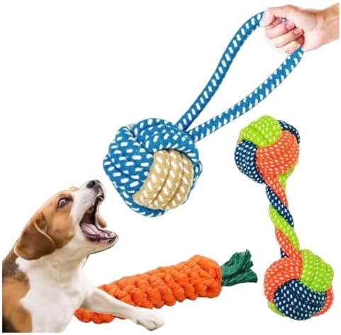 Dog Rope Toys for Small Dogs, 3 Pack Durable Cotton Rope Dog Toys for Aggressive Chewers, Interactive Tug of War Puppy Chew Toys for Teeth Cleaning, Carrot Rope Toy, Rope Ball & Knotted Rope