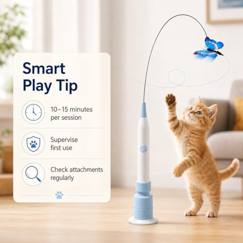 Rechargeable Butterfly Cat Toy for Indoor Cats, Electric Cat Wand with Suction Cup Base, 2 Play Modes, Self-Play & Handheld Cat Wand with 5 Cloth-Buckle Butterfly Refills, Blue