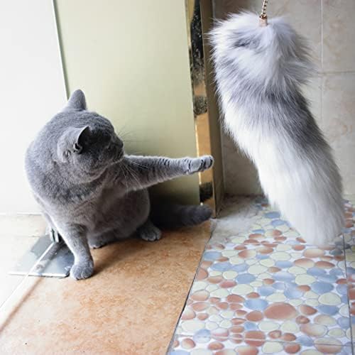 Fosrion Real Fox Tail Fur Cat Bites Toy with Three Section Retractable Carbon Fiber Rod(White, Only Tail)