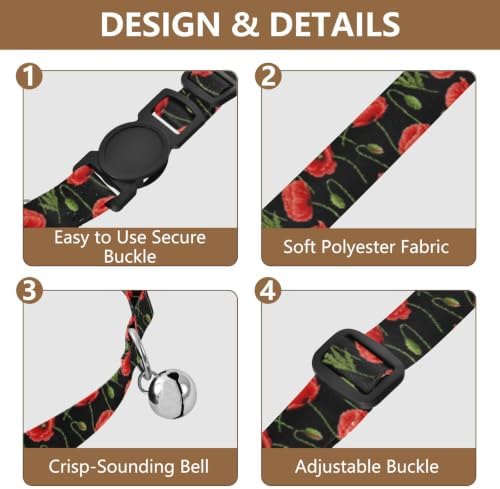 Red Poppy Flowers Black Cat Bell Collar 2 Pack Cat Collar Adjustable Length 10.6" to 17.1"
