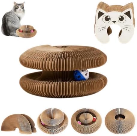 Kitty Kurlzz Cat Toy - Magic Organ Accordion Scratcher with Ball Track, Foldable Honeycomb Cardboard Scratching Board, Reversible Interactive Toy for Indoor Cats - Magic Cat Scratch Board (Cat Face)