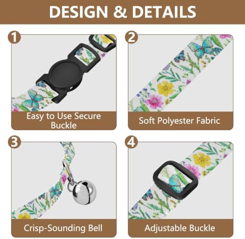 2 Pack Small Dog Collar Watercolor Wild Flowers Kitten Collar with Bell, Adjustable 10.6 to 17.1 Inches