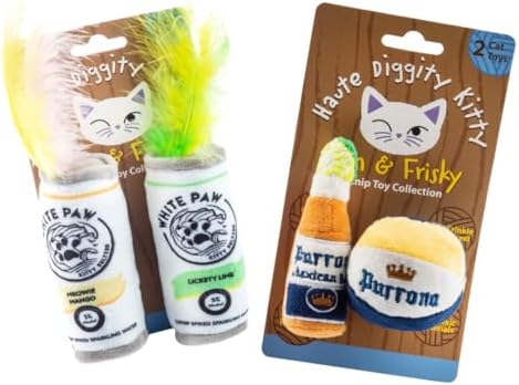 Haute Diggity Kitty White Paw + Purrrona Bottle & Ball, Soft Plush Cat Toys