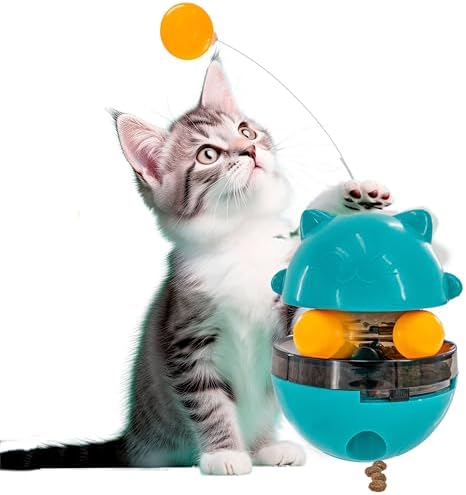 5 STAR SUPER DEALS Interactive Cat Treat Puzzle Feeder Toy - Adjustable Slow Food Dispenser with Playful Feline Ball Game & Rattle Ball Wand - Fun Kitty Snack Hunting Challenge Toy