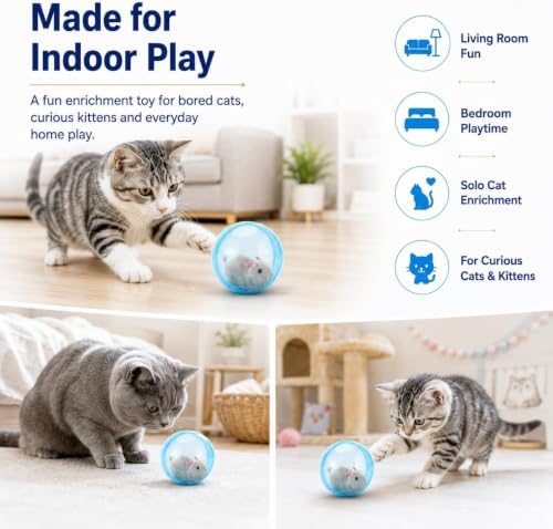 Self-Rolling Interactive Cat Ball, 2026 New Animal Automatic Moving Rolling Cat Ball (Battery Not Included), Fun Indoor Interactive Pet Ball for Cats Dogs Chasing(Blue Ball, Brown Mouse)