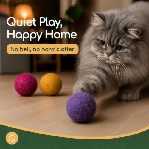 Wool Cat Balls - Safe Silent Felt Ball Toys - Fun Colorful Soft Quiet Wool Kitty Toys - Unique for Cat Lovers - 6 PCS Hand Made in Nepal