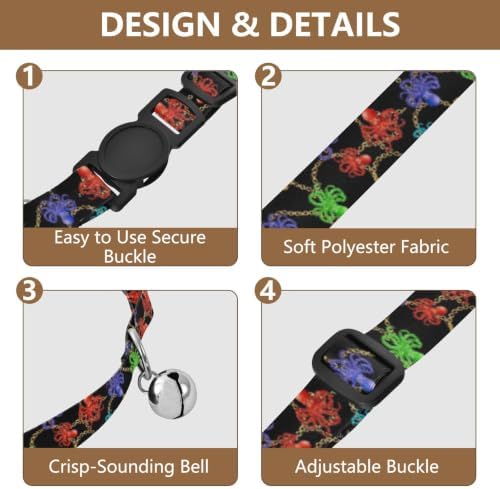 2 Pack Cat Collars Colorful Octopuses Black Decorative Pet Collar with Bell, Adjustable 10.6 to 17.1 Inches