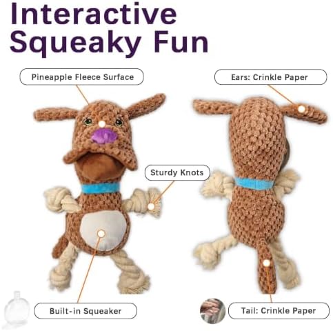 Brown Poodle Squeaky Plush Dog Chew Toy, 10.6 in Rope Crinkle Toy