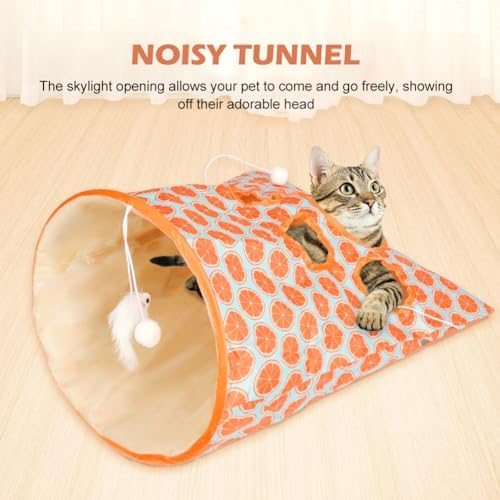 SYCOOVEN Cat Tunnel Bag for Indoor Cats, Pet Collapsible Tunnel Crinkle Sack Bag with 1 Little Mouse & Toy Ball, Crinkle Paper Interactive Cat Toys Hide and Seek(Orange Pattern)