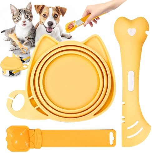 BAEJMJK Silicone Cat &Dog Food Can Cover Lid and Spoon With One Cat Strip Feeder 3Pcs Pet Cats Supplies Set Cute Shape Cats Wet Food Spoon(Opener/Spatula) Universal Can Cover（Yellow）