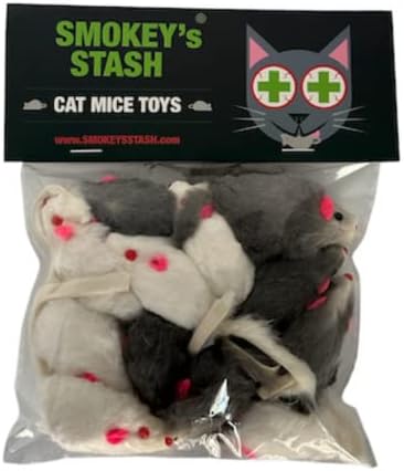 Smokey's Stash Rabbit Fur Mouse Cat Toy 12 per Pack White and Gray Fuzzy Toys for Cats with Rattle Realistic Fake mice (12)