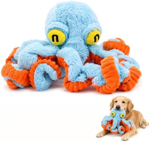 Squeaky Dog Plush Chew Toy, Interactive Tug Squeaky Toy for Chewers, Medium & Large Dogs & Fetch Play, 19.7 Inch Stuffed Octopus Toy with Flexible Spring Tentacles for Gentle Gum Care & Boredom Relief
