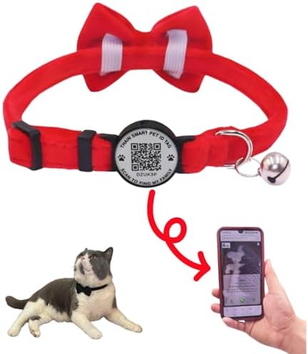 THAIN Personalized Cat Collar with Bell and Bowtie Breakaway QR Code Name Smart ID tag Quick Release Soft Comfortable Collar for Cats and Kittens (Red)