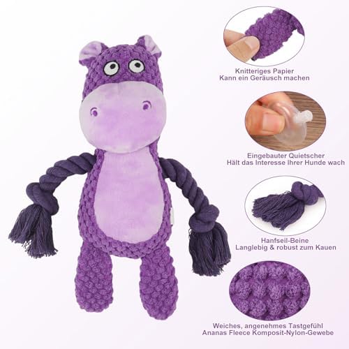 Dog Toys, Dog Squeaker Toys with Crinkle Paper (Purple Hippo)