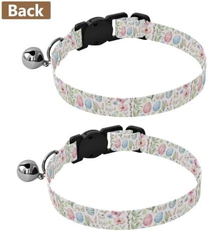 2 Pack Cats Collar Cute White Bunny Pastel Flowers Breakaway Cat Collars with Bell, Adjustable Length 10.6" to 17.1"