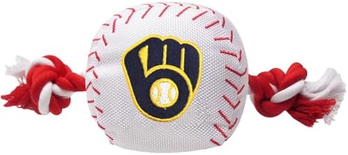 Pets First MLB Milwaukee Brewers Baseball Rope Toy for Dogs & Cats. Tough Nylon, Sporty Baseball Design, Heavy-Duty Ropes with Inner Squeaker