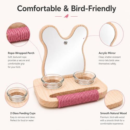 Bird Mirror with Perch and Feeder, Wooden Birds Toys Bird Cage Accessories for Parrots to Expend Energy, Interactive Toys for Greys Amazons Parakeet Cockatiel Conure Lovebirds Finch Canaries
