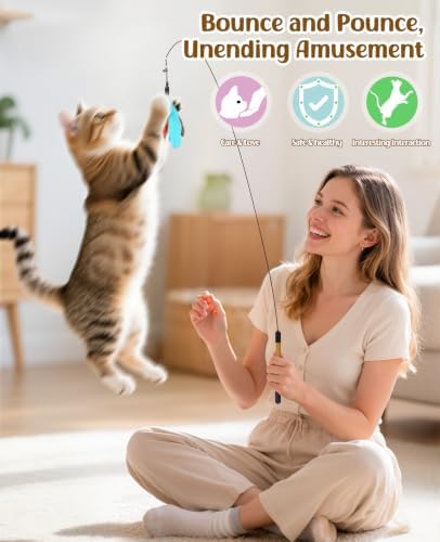 Pawaboo Cat Feather Wand Interactive Toy, 2 Feathers + 1 Wand with Bell