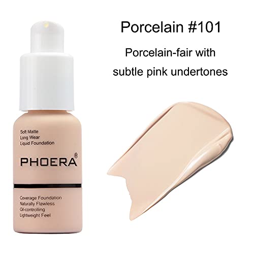 5PCS Liquid Foundation Set - Matte Full Coverage Oil Control Breathable Invisible Cover Concealer with Face Primer, Foundation Brush, Makeup Sponge (101 Porcelain Makeup Set)
