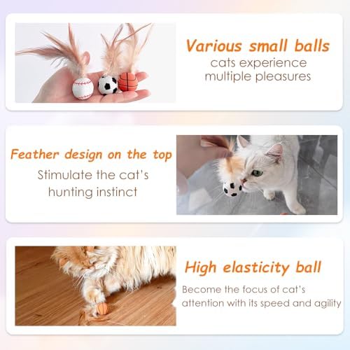 Cat Feather Bouncy Ball Toys, 6 PCS Cat Bulk Bouncy with Feathers, Elastic Bouncy Ball Cats Toys Set for Bored Indoor Adult Kitten Cats