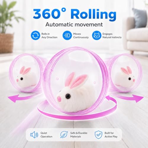 Self Rolling Interactive Cat Ball, Automatic Moving Cat Toy with Plush Animal Inside, 360° Rolling Cat Chasing Ball with Transparent Ball for Cats Dogs Small Pets (Pink,Rabbit)
