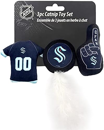 BEST PLUSH NHL SEATTLE KRAKEN 3-Piece Cat Toy Set - Jersey, Hockey Puck & #1 Fan Toys Filled with Fresh Catnip