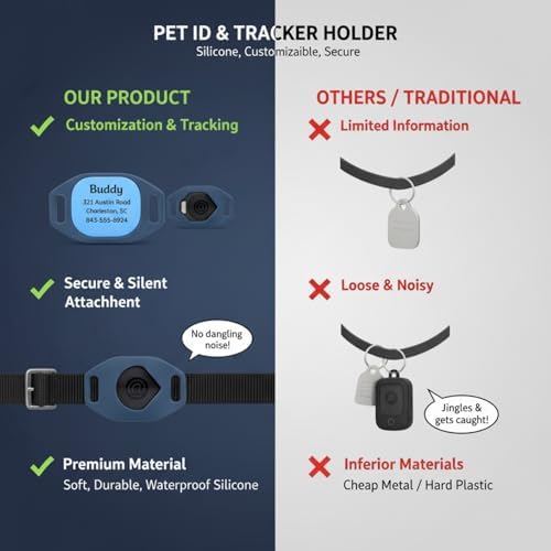 Personalized Pet ID Tag Silicone Holder Compatible with AirTag, Custom Dog Collar Accessory with Name and Phone Number, Anti-Lost Smart Tracker Case for Dogs and Cats (Large (Pack of 1))