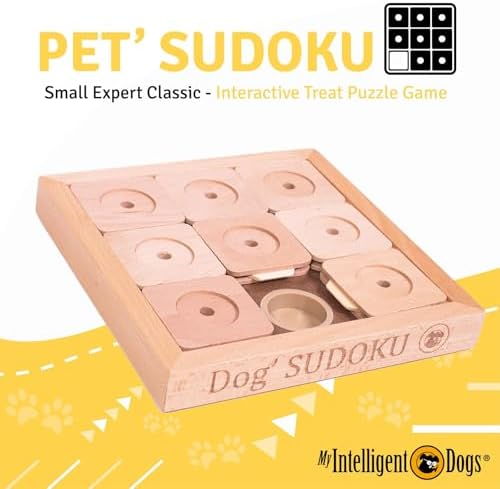 Interactive Wooden Sudoku Puzzle for Cats and Small Dogs - Expert Brain Pet Toy - 9 Treat-Hiding Holes, Small All-Wood Design