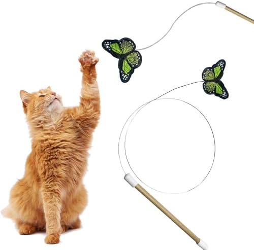 Butterfly Bouncer - Butterfly on Wire Bounces to Mimic a Real Butterfly's Flight - Interactive Cat Toy - Cats/Kittens Play Catch Chase Exercise-Comfortable Bamboo Handle-Stocking Stuffer-Made in USA