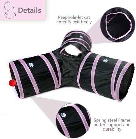 3 Way Cat Tunnel Collapsible Fun Pet Play Tube Toys for Cats, Kittens, Puppies & Rabbits - Portable Tunnel with Hanging Ball for Indoor Play, Hideout & Exercise
