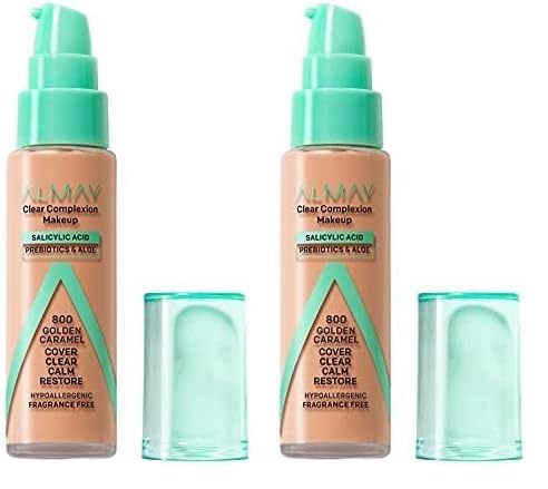 Almay Clear Complexion Acne Foundation Makeup with Salicylic Acid, Medium Coverage, Soft Matte Finish, Hypoallergenic, Cruelty- & Fragrance-Free, Dermatologist Tested, 730 Golden Caramel, 1 fl oz