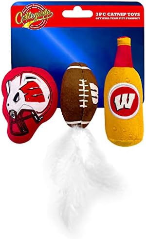 BEST PLUSH CAT TOY - NCAA WISCONSIN BADGERS Complete Set of 3 piece Cat Toys filled with Fresh Catnip. Includes: 1 Helmet Cat Toy, 1 Football Cat Toy with Feathers & 1 Beer Bottle. Beautiful Team LOGO