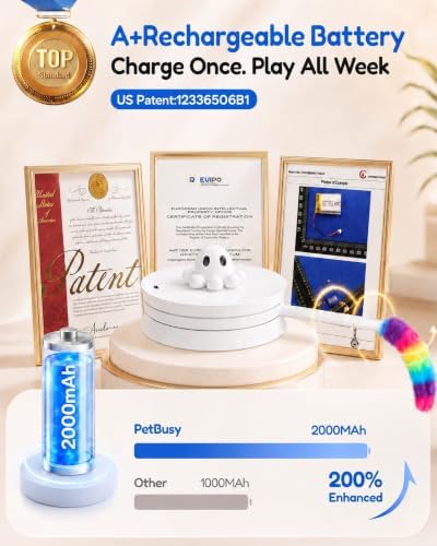 PetBusy Smart Interactive Cat Toys for Indoor Cats Chasing and Pouncing Fun | [Week-Long] Rechargeable Battery, Smart Standby Touch Activated, Automatic Hide &Seek with Rainbow Tail for Hands-Free Play