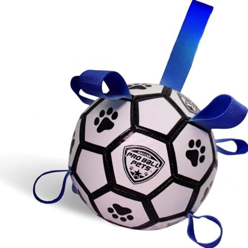 Maccabi Interactive Dog Soccer Ball for Dogs, 6” with Straps & Grab Tabs, Floats on Water, Fetch & Training Toy for Small/Medium Dogs, Herding Breeds, Waterproof Non-Toxic – ProBall Pets – White Blue