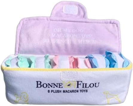 Bonne et Filou 6 Count Macarons Shape Plush Squeaky Dog Toys Interactive Puppy Chew Toys for Aggressive Chewers Dog Toys for Small and Medium Dogs