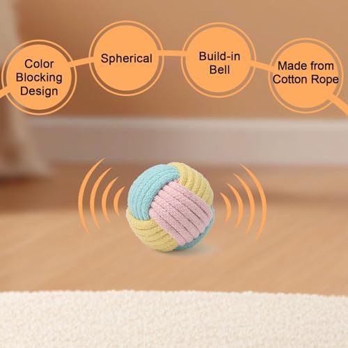 Cat Toys Balls with Bell Inside, 2-Inch Soft Interactive Chew Toys for Indoor Cats & Kittens, Colorful Rope Balls with Crinkle Sound for Chasing Play and Dental Health, 3 Pcs