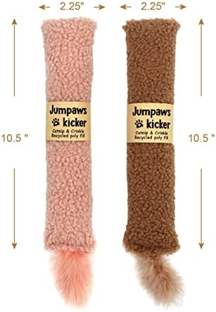 Jumpaws 2 Pack Natural Interactive Catnip & Silvervine Cat Kicker with Tail, Bite Resistant Chew Toy, Crinkle Kicker, Accessories for Indoor Cat, Sherpa Material