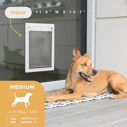 Hakuna Pets Deluxe Aluminum Pet, Cat and Dog Door with 2-Way Locking Panel for Screens, Doors and Walls up to 2.8" Thick, Medium, White