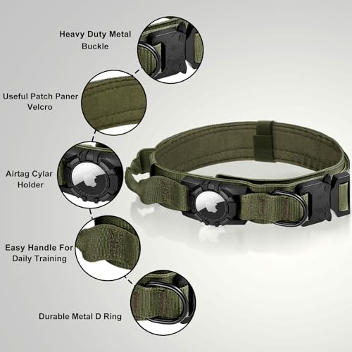 Tactical AirTag Dog Collar Leash Set - Heavy Duty, Adjustable GPS Collar