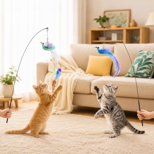 Cat Toys for Indoor Cats, Interactive Feather Wand Toy Set