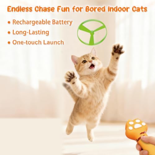 JIARON Interactive Rechargeable Cat Fetch Toy Disc Launcher, 8 Flying Discs Hunting Enrichment Toys for Indoor Outdoor Bored Kittens & Adult Cats, Cat Boredom Relief