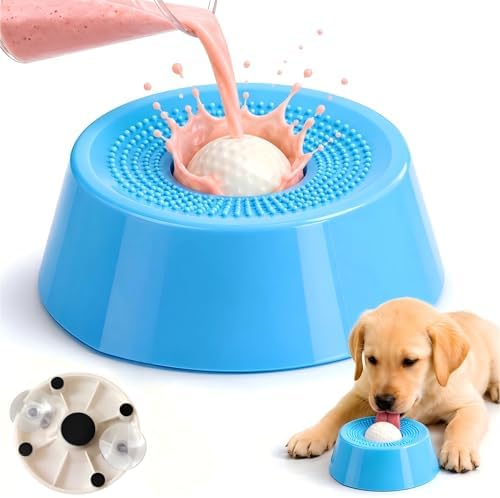 Dog Lick Ball Slow Feeder, Rolling Sphere Interactive Pet Toy with Suction Cups, Calming Slow Feeding Bowl for Liquid Treats & Peanut Butter, Anxiety Relief Licking Toy for Dogs & Cats（Blue