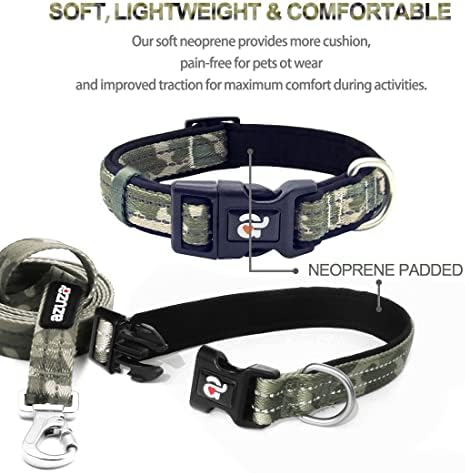 azuza Reflective Dog Collar and Leash Set with Airtag Holder, Green Camo Padded Collar with Matching Clip Handle Leash for Small Dogs
