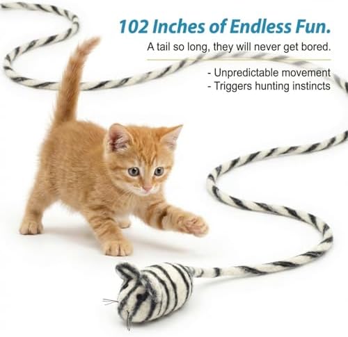 Glaciart One Felt Mouse Cat Toy – Soft Fuzzy Enrichment 100% Natural Wool - Interactive Catnip Play Cat Toy Set - Safe for Pets, Non-AZO Colored Dyes - 100” Long