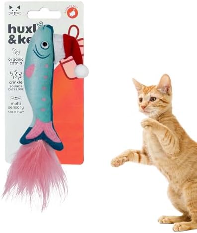 Huxley & Kent Plush Cat Toy - Holiday Interactive Catnip Toy for Cats & Kittens - Soft with Crinkle & Catnip - Fun Indoor Play - Fishmas Sardine Mint
