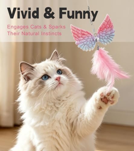 SONGWAY Interactive Cat Wand Toy Set - Retractable Cat Teaser Wand with 8 PCS Cat Toy Attachments, Dragonfly Butterfly Bird Mouse Yarn Ball Tassel Feather Cat Toy Refills for Indoor Cats Kittens, Pink
