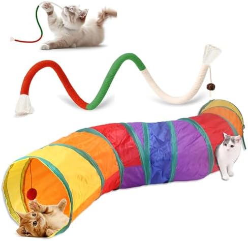 Collapsible Durable Rainbow Cat S-Tunnel & Chew Rope Set, Interactive Indoor Kitten Toy for Active Play